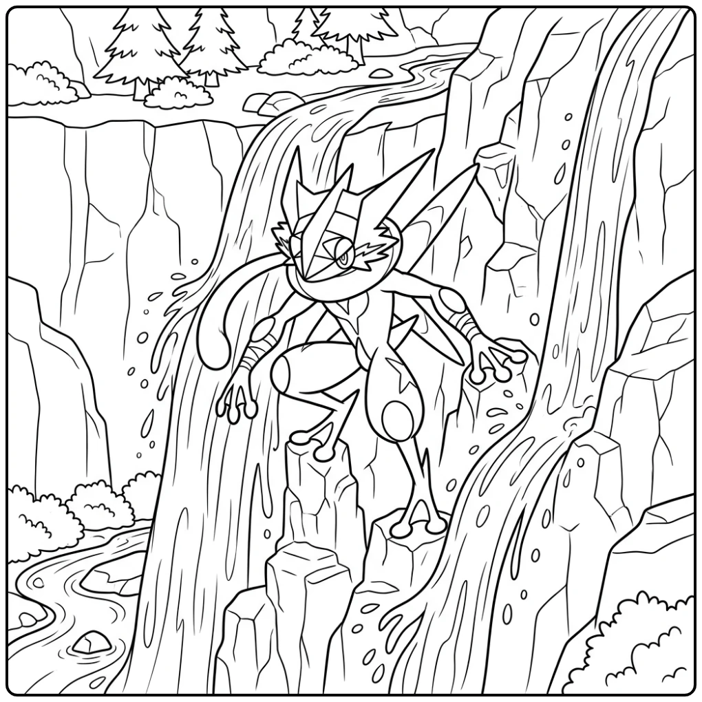 Adventurous Pokemon Mega Greninja with a Waterfall coloring page