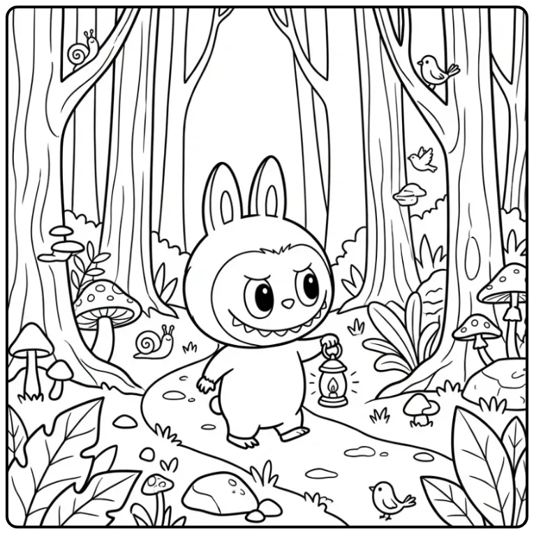 Adventurous Labubu Lantern in the Forest coloring page