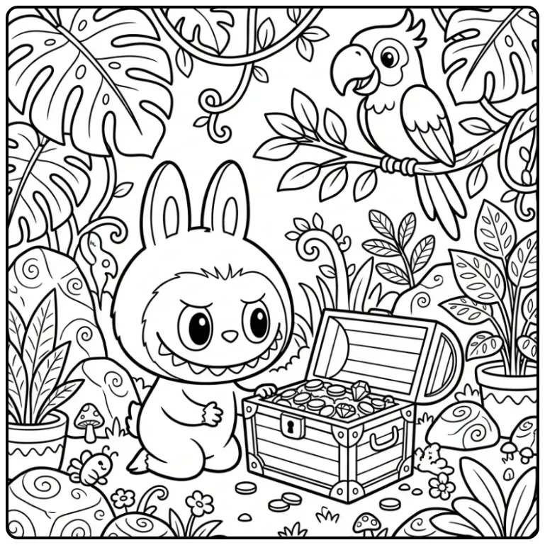Adventurous Labubu Treasure Chest in Jungle coloring page