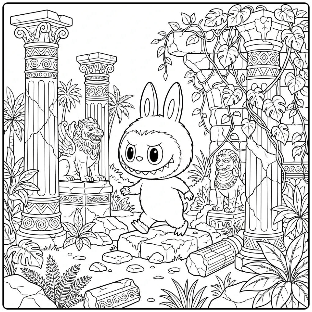 Adventurous Detailed Labubu in Old Ruins coloring page