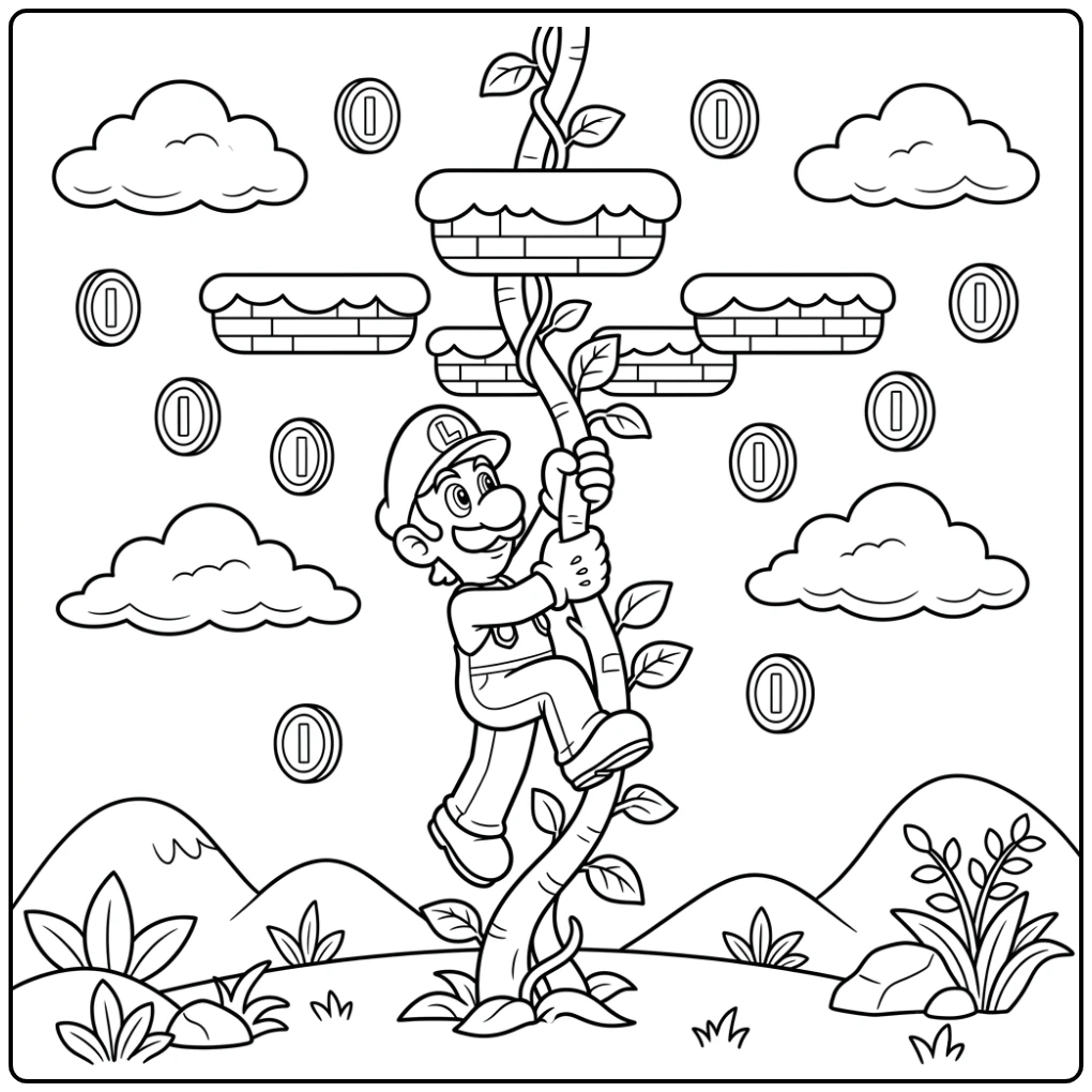 Adventurous Luigi on Road Toward Coins and Clouds coloring page