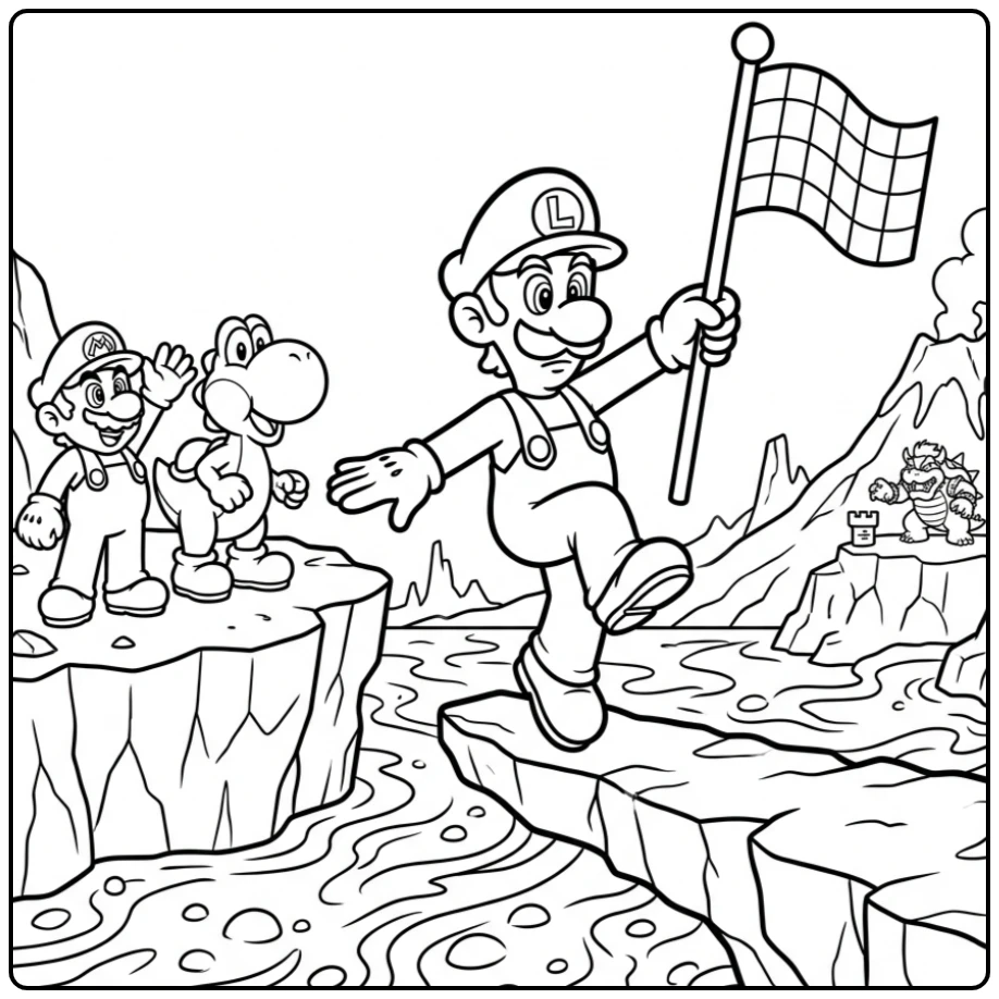 Adventurous Luigi Surviving a Lava Flow coloring page