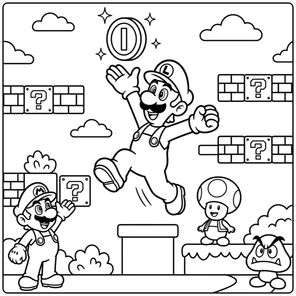 Adventurous Luigi Grabbing a Coin in the Sky coloring page