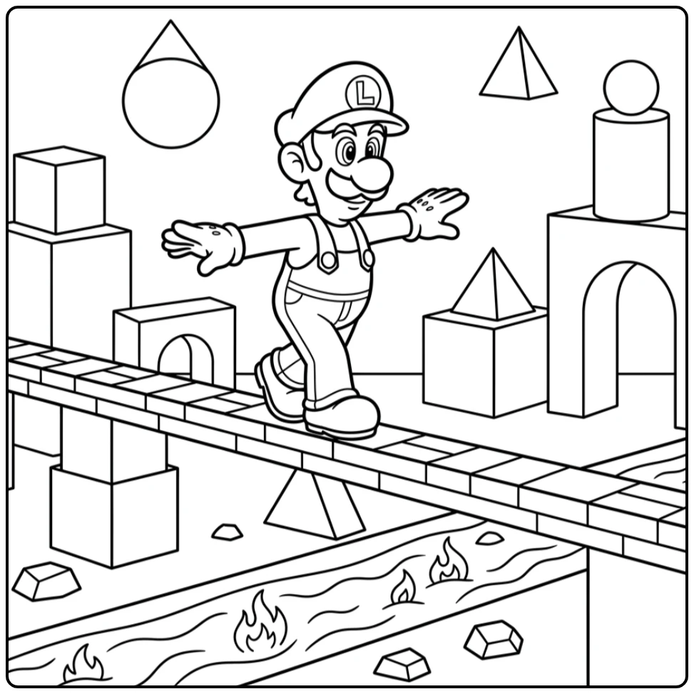 Adventurous Luigi Balancing Above Lava coloring page