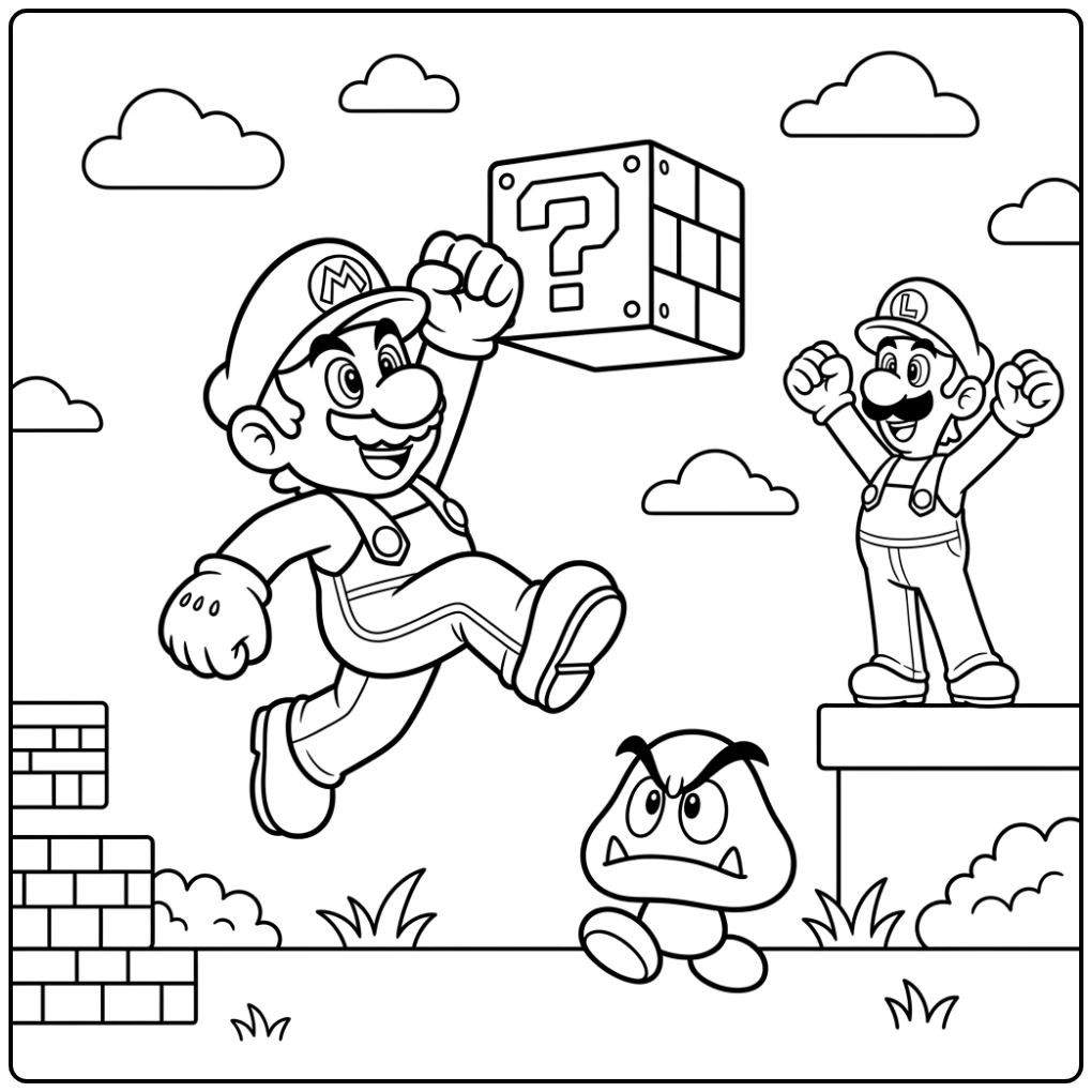 Adventurous Jumping Mario and Cheering Luigi coloring page