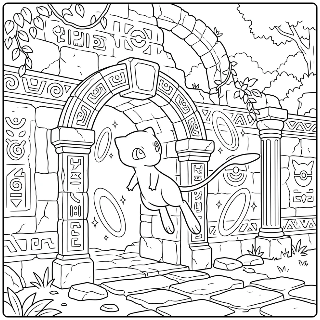 Adventurous Mew in a Mysterious Temple coloring page