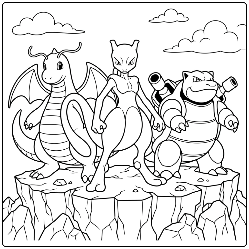 Adventurous Mewtwo with a Strong Team coloring page