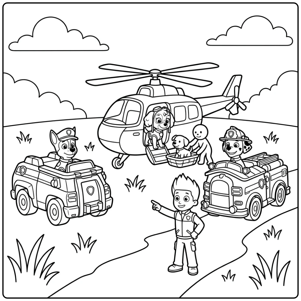 Adventurous Paw Patrol Vehicle Ryder and His Team coloring page