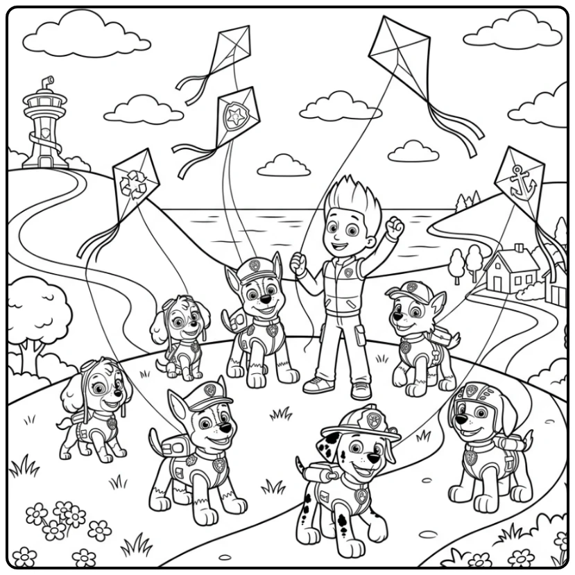 Adventurous Paw Patrol Kite Fun After the Mission coloring page