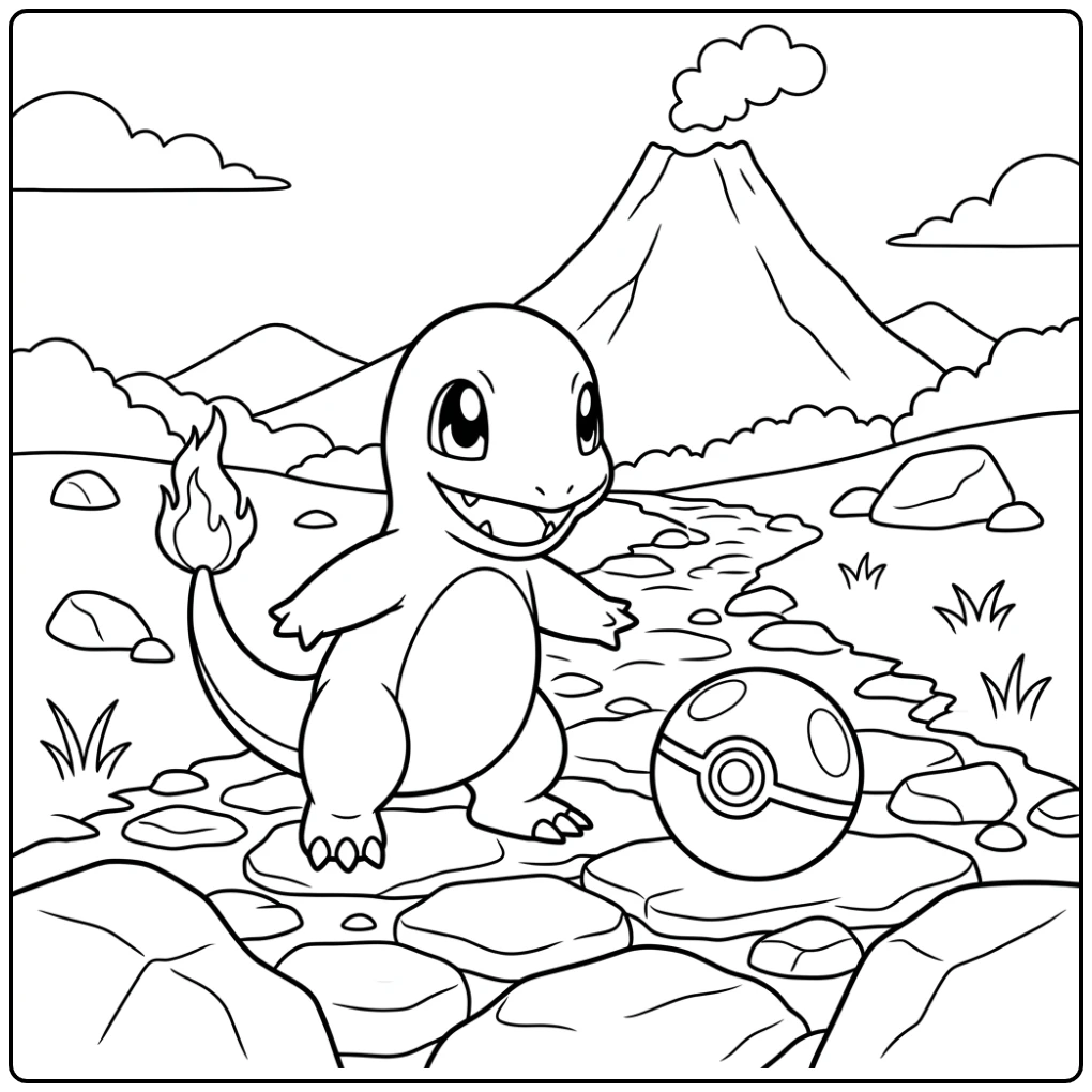 Adventurous Poke Ball with Charmander and a Volcano coloring page