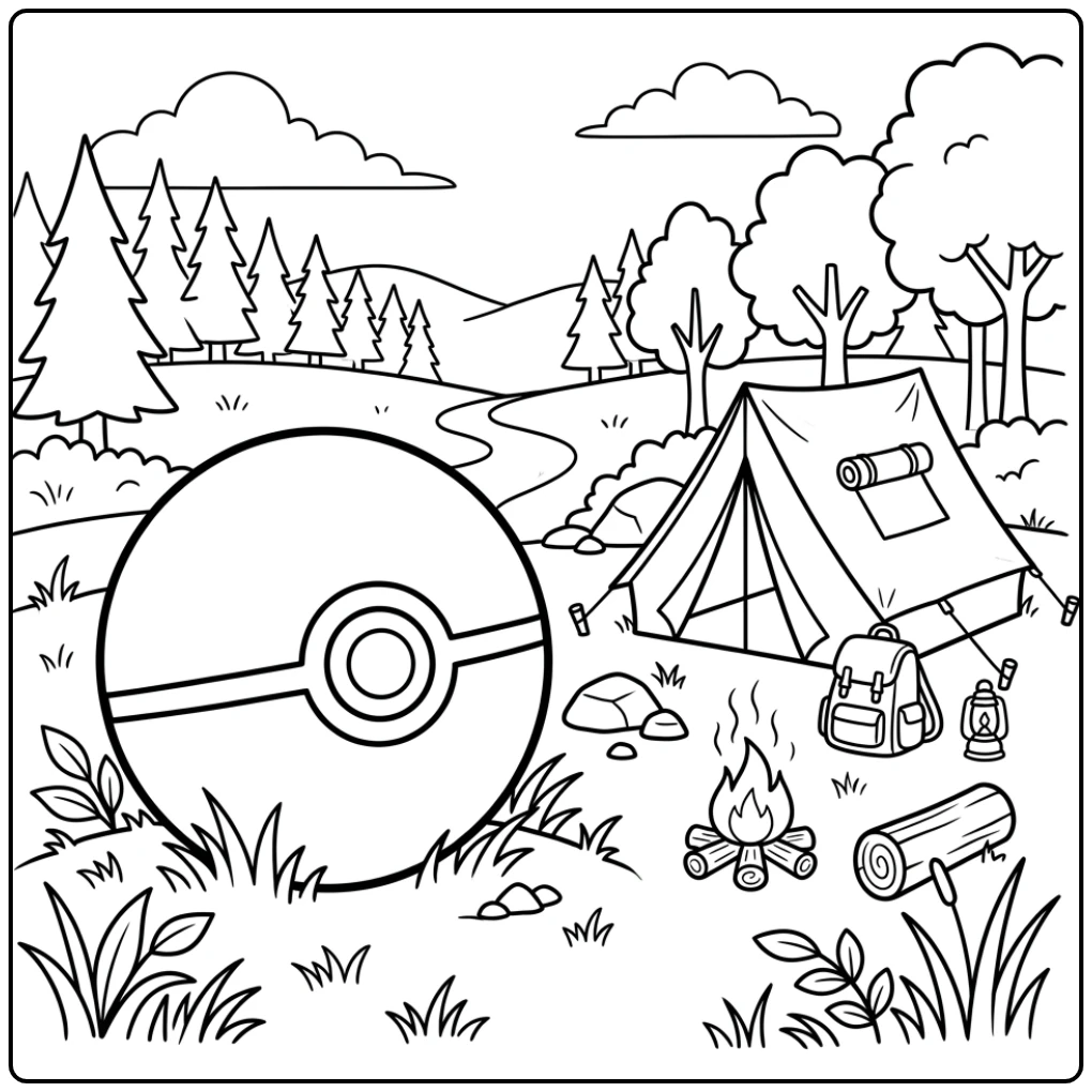 Adventurous Poke Ball at Camp coloring page