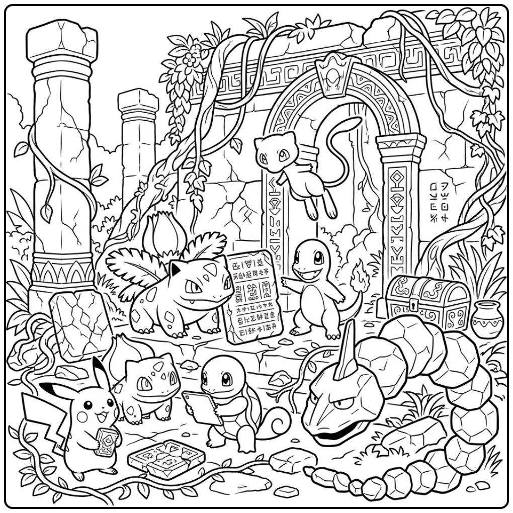 Adventurous Pokemon in Old Mysterious Runes coloring page