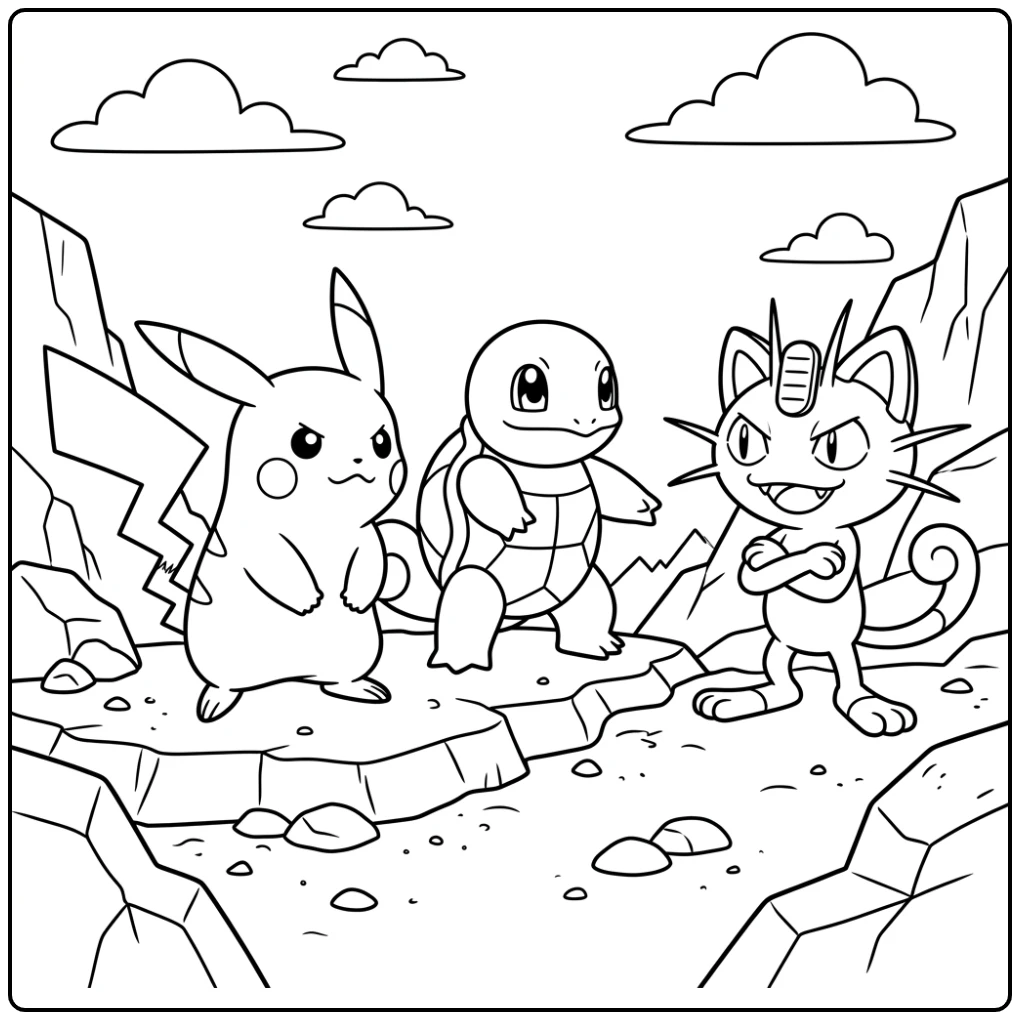 Adventurous Pokemon Easy Pikachu Squirtle Meowth coloring page