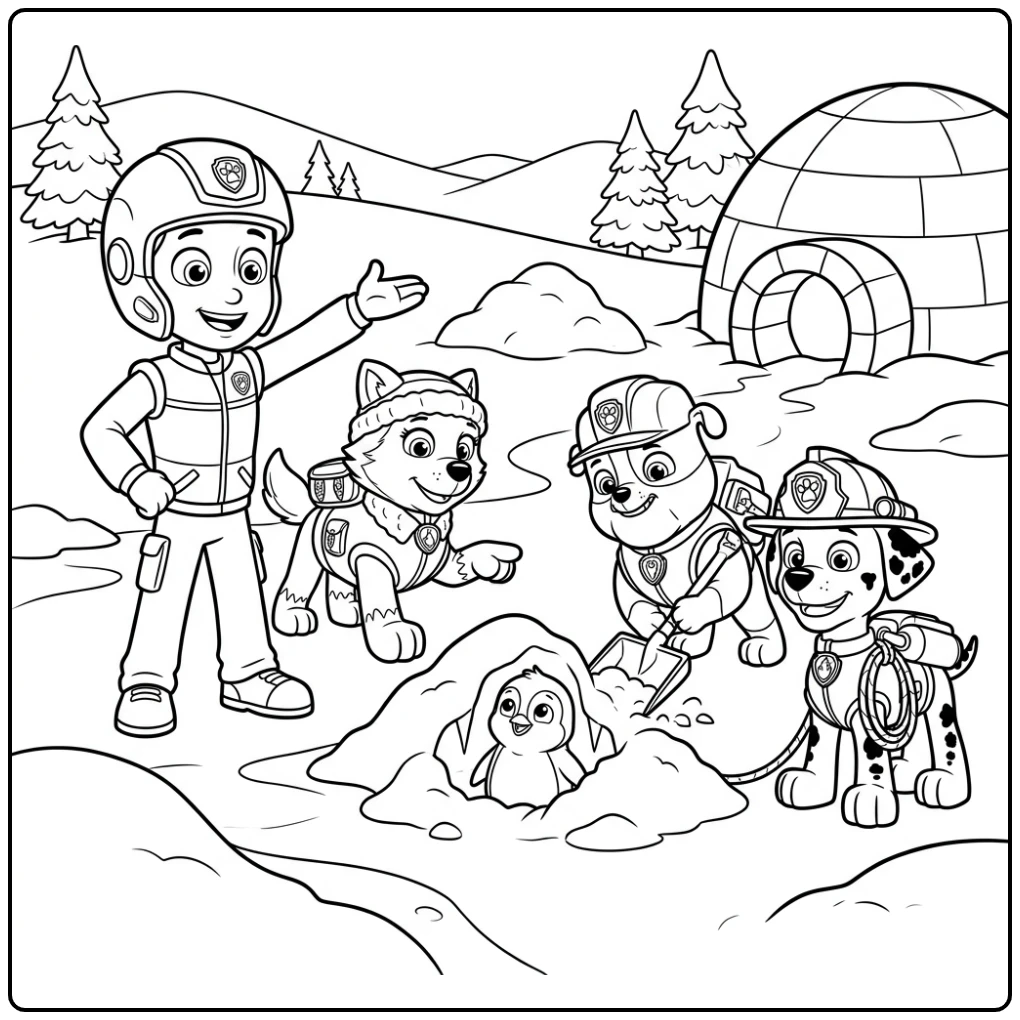 Adventurous Ryder Paw Patrol Pups Rescuing a Penguin coloring page