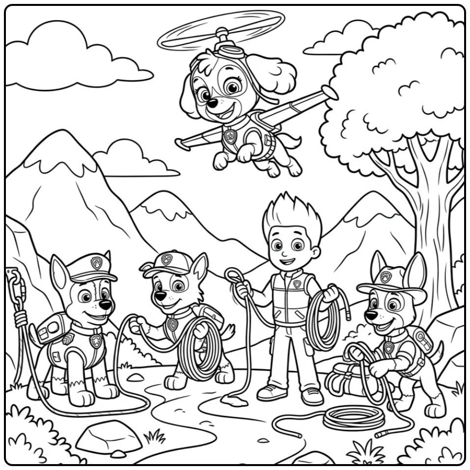 Adventurous Paw Patrol Skye and the Team coloring page