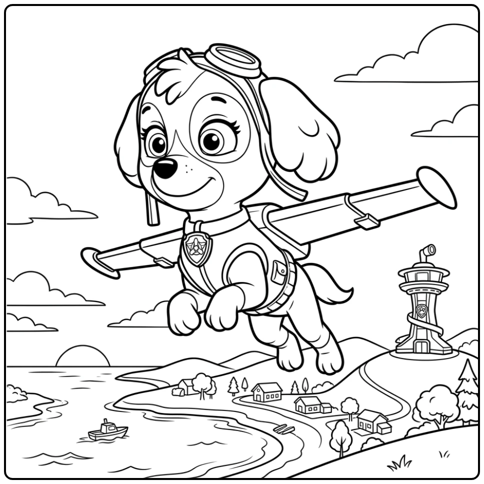 Skye Paw Patrol coloring page with a flying adventure
