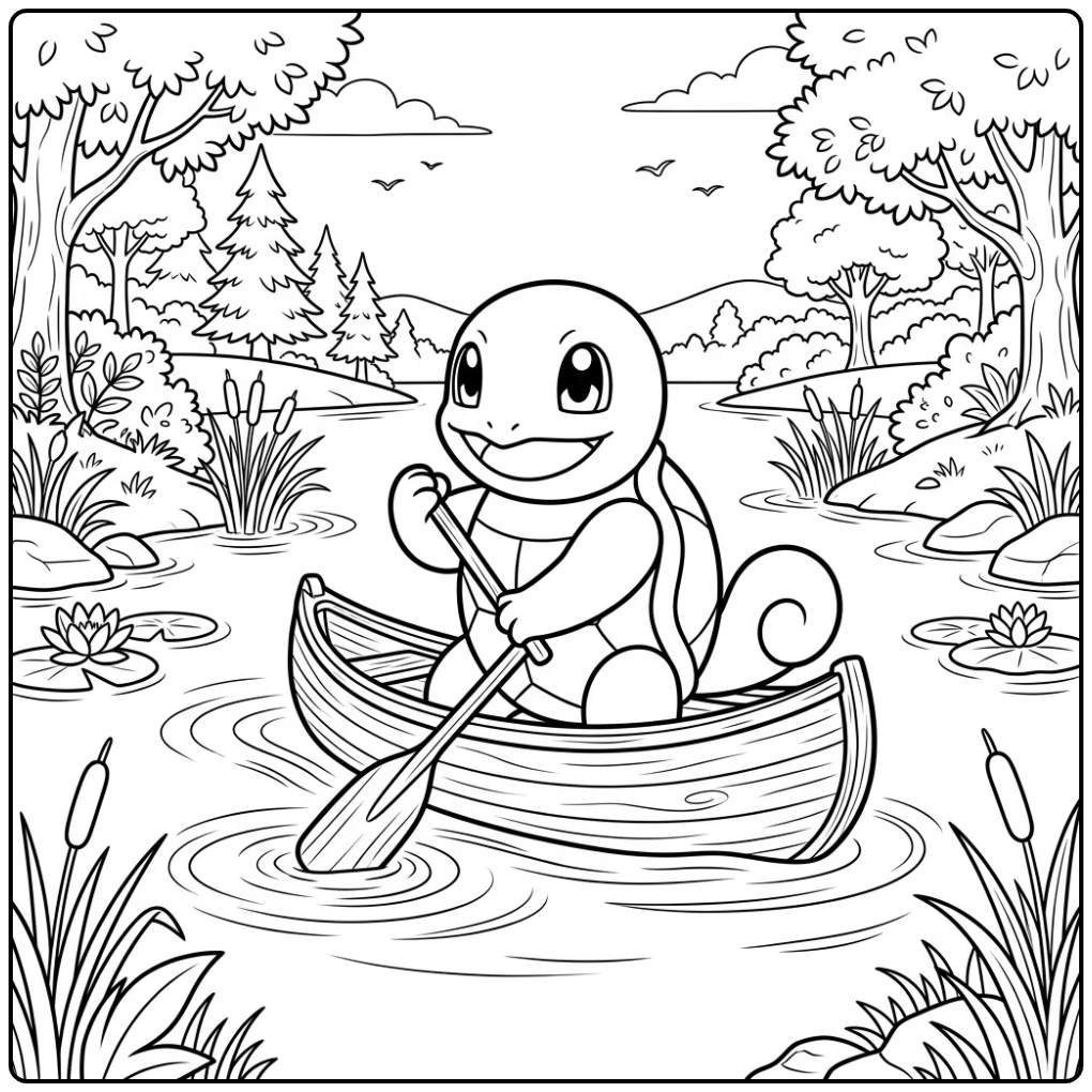 Adventurous Squirtle Canoe Paddling on the Water coloring page