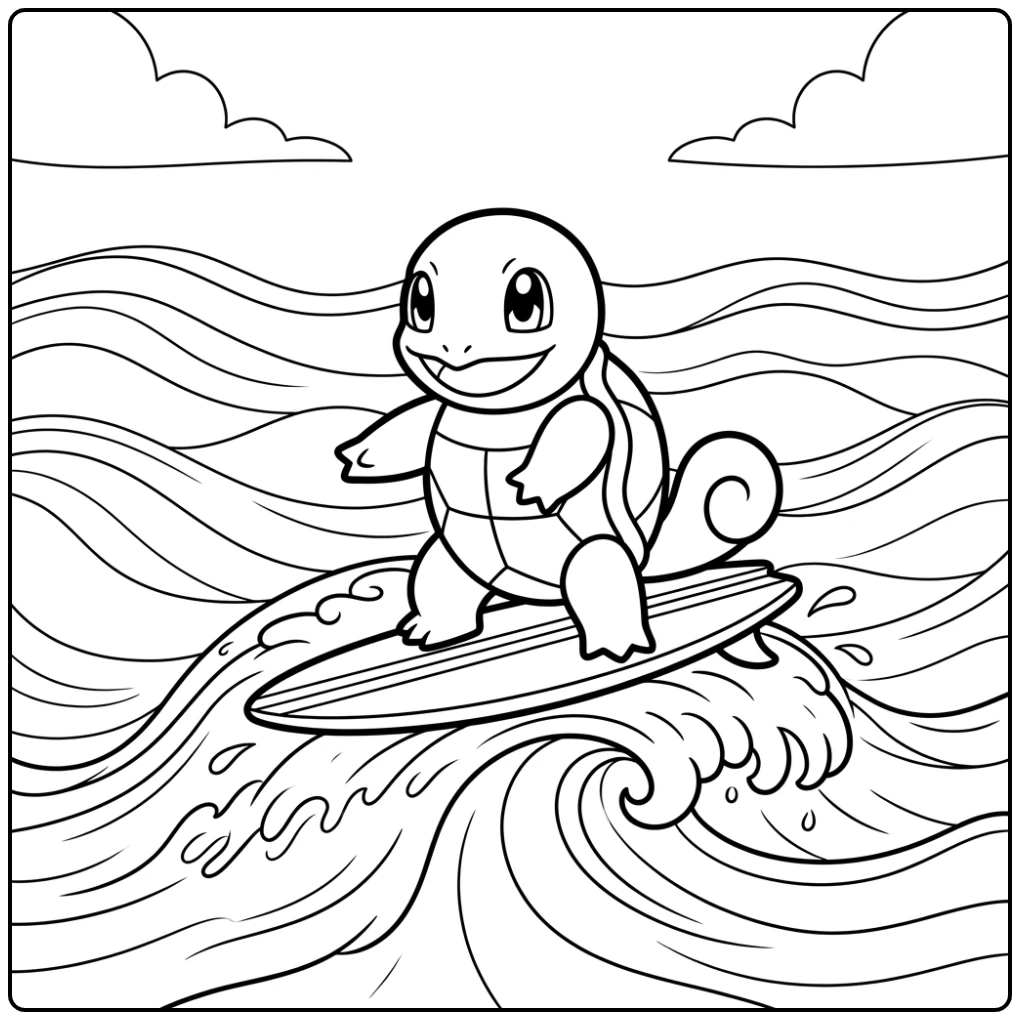 Adventurous Squirtle on a Surfboard coloring page