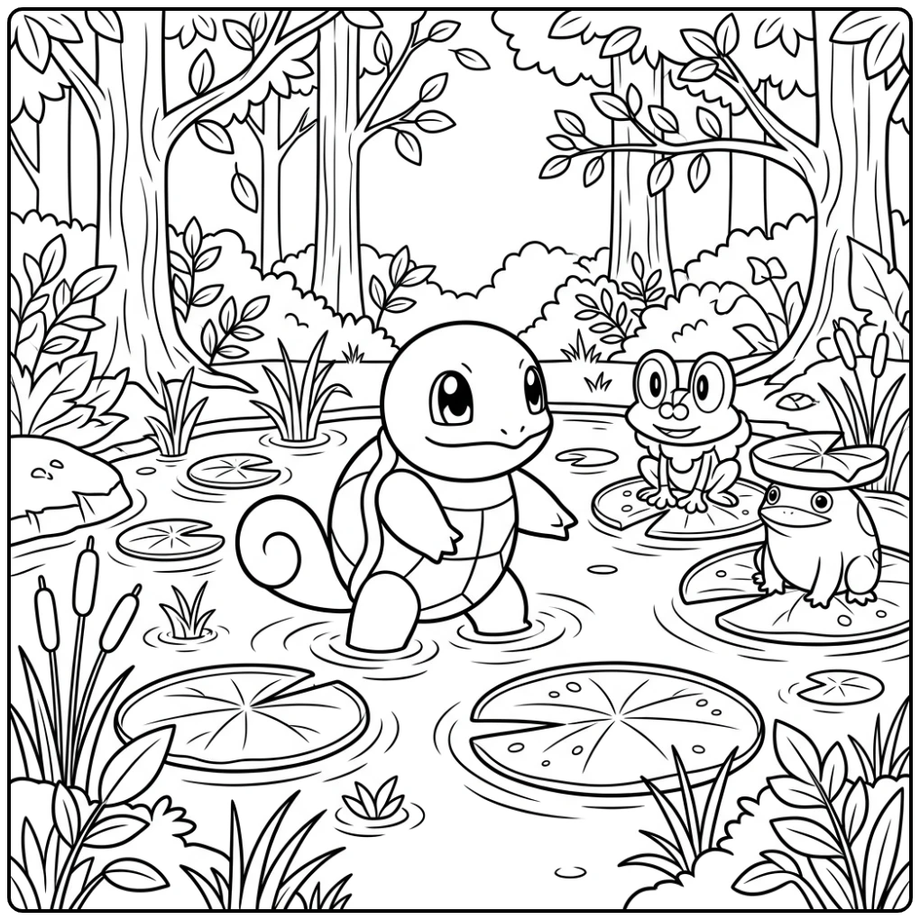 Adventurous Squirtle Exploring a Peaceful Pond coloring page