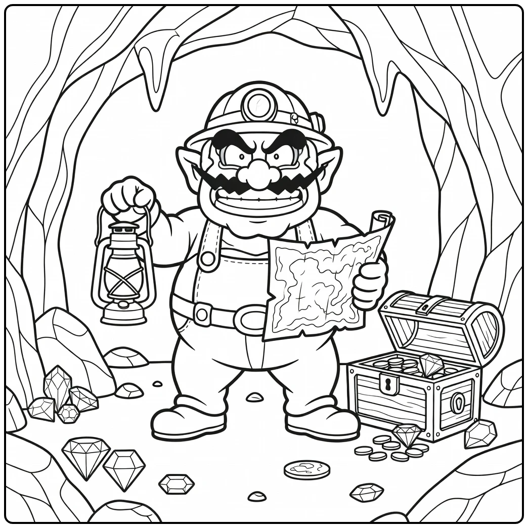 Adventurous Wario Treasure Chest and Map coloring page
