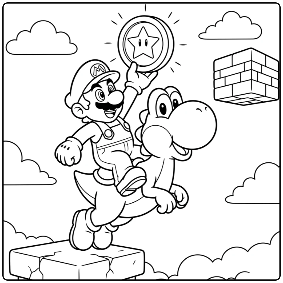 Adventurous Mario Catching Coin with Yoshi coloring page