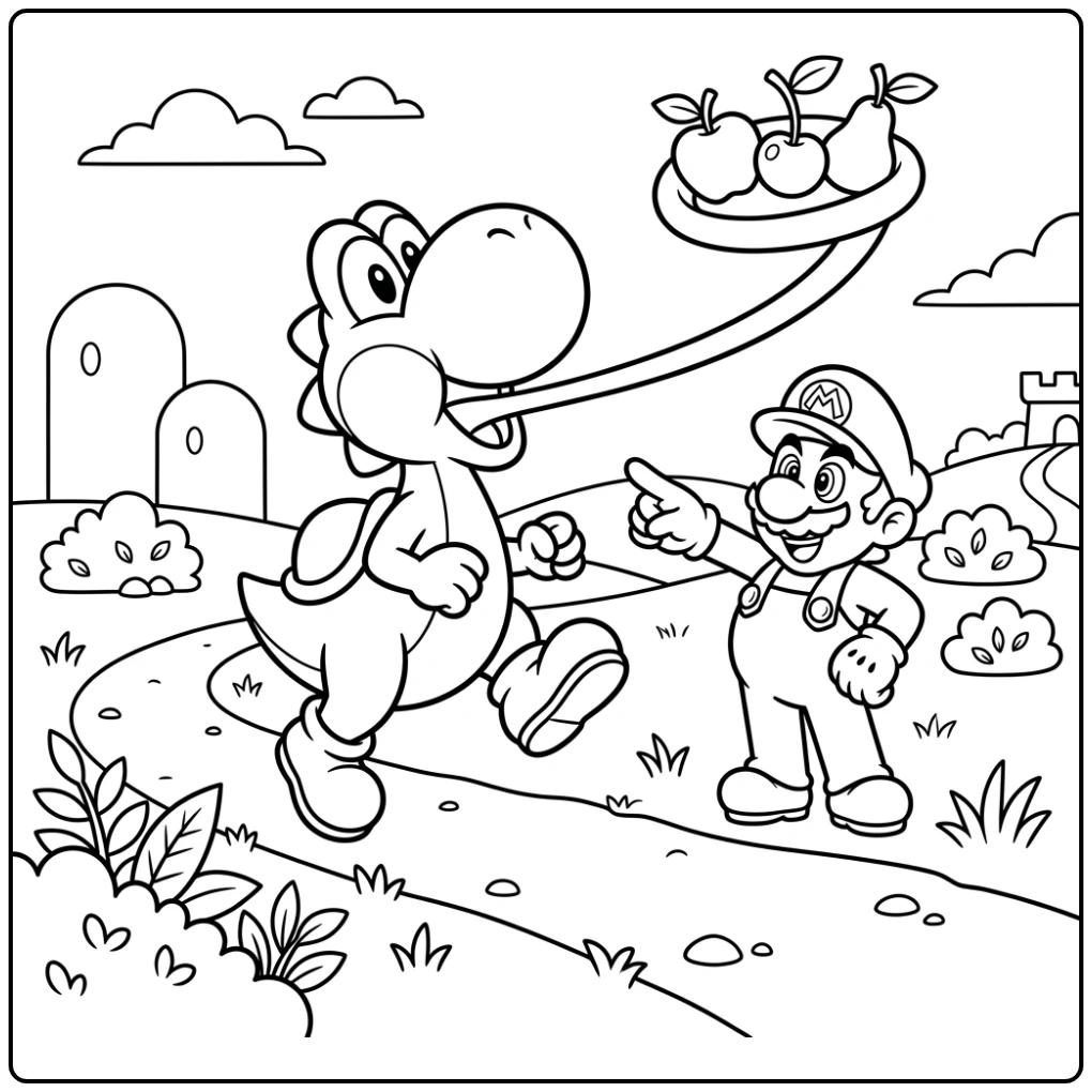 Adventurous Mario Yoshi Catching Fruit coloring page
