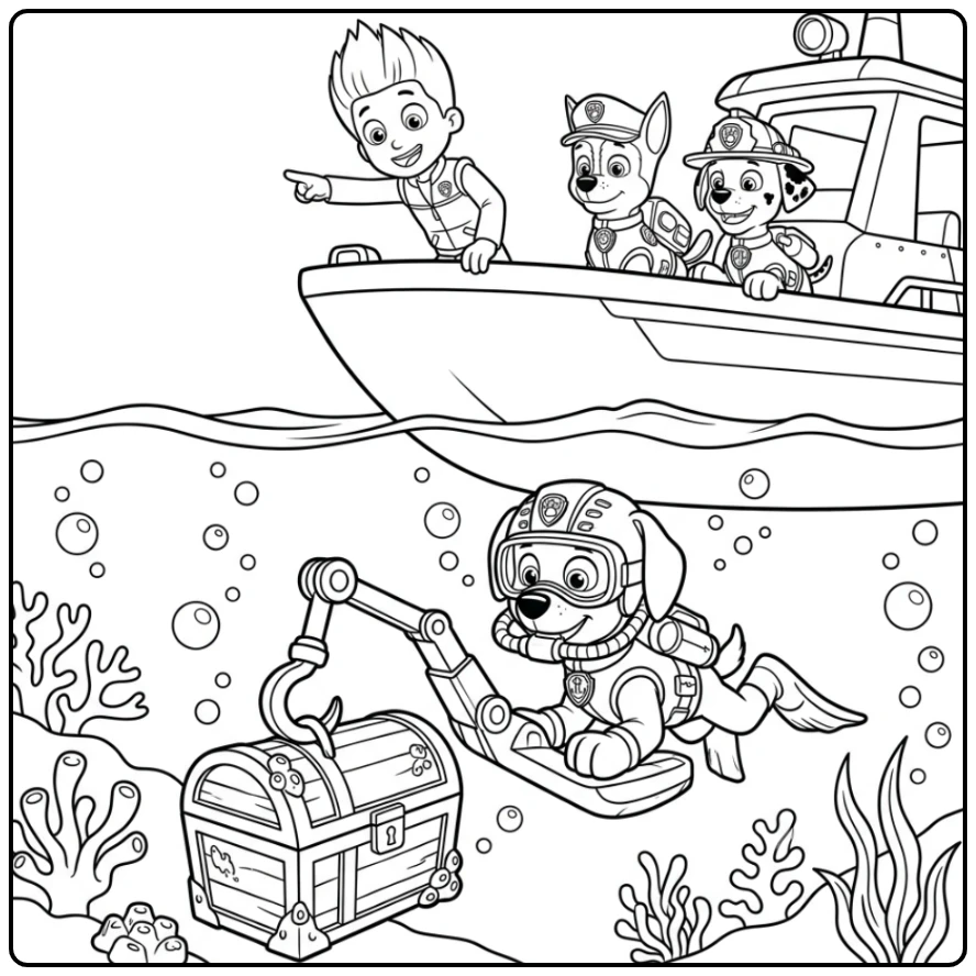 Adventurous Zuma Paw Patrol Treasure Dive with Friends coloring page