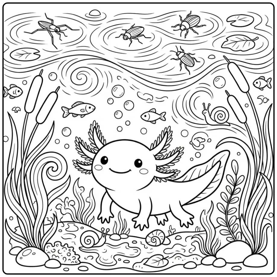 Axolotl with Reeds and Water Insects coloring page