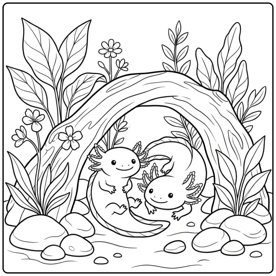 Two Axolotl Friends with Driftwood coloring page