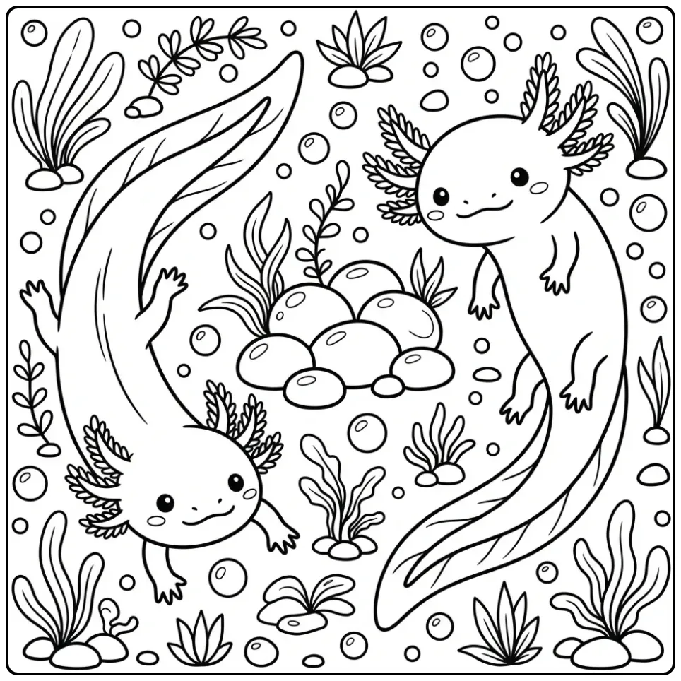 Two Axolotl Friends Swimming in a Circle coloring page