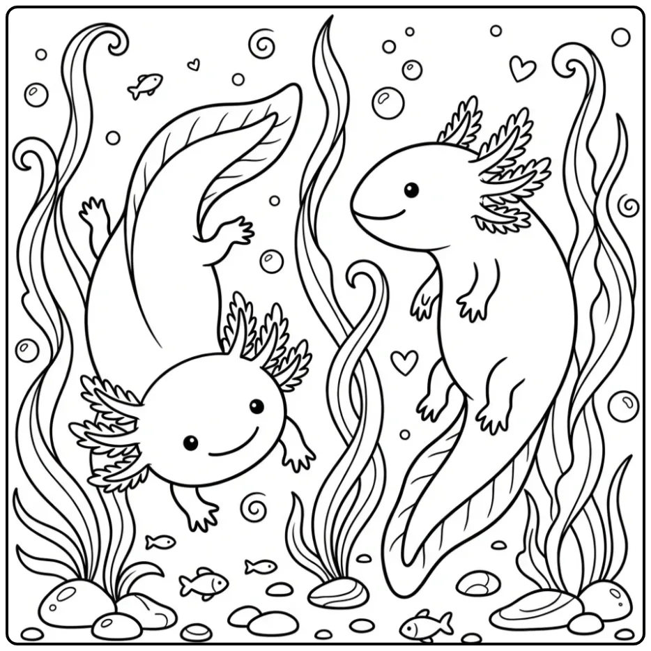 Swimming Axolotl Amphibians Among Plants coloring page