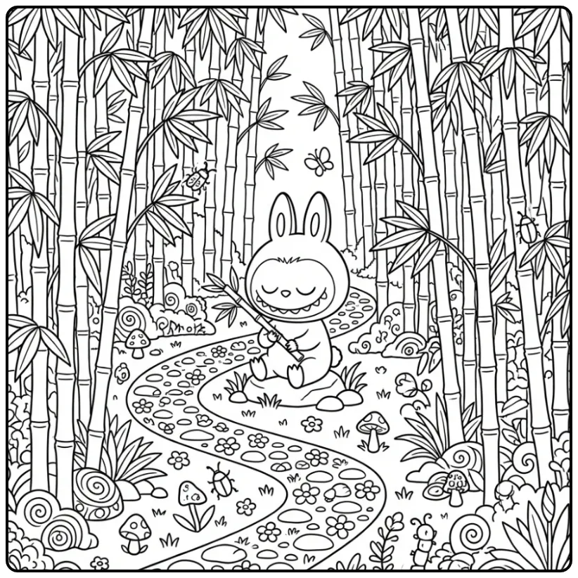 Detailed Labubu in a Bamboo Forest Scene coloring page