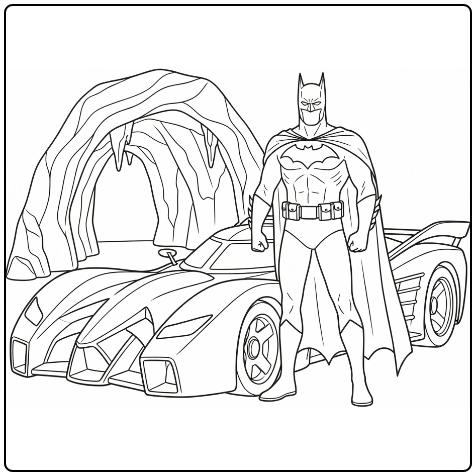 Batman Hand on Batmobile with Cave coloring page