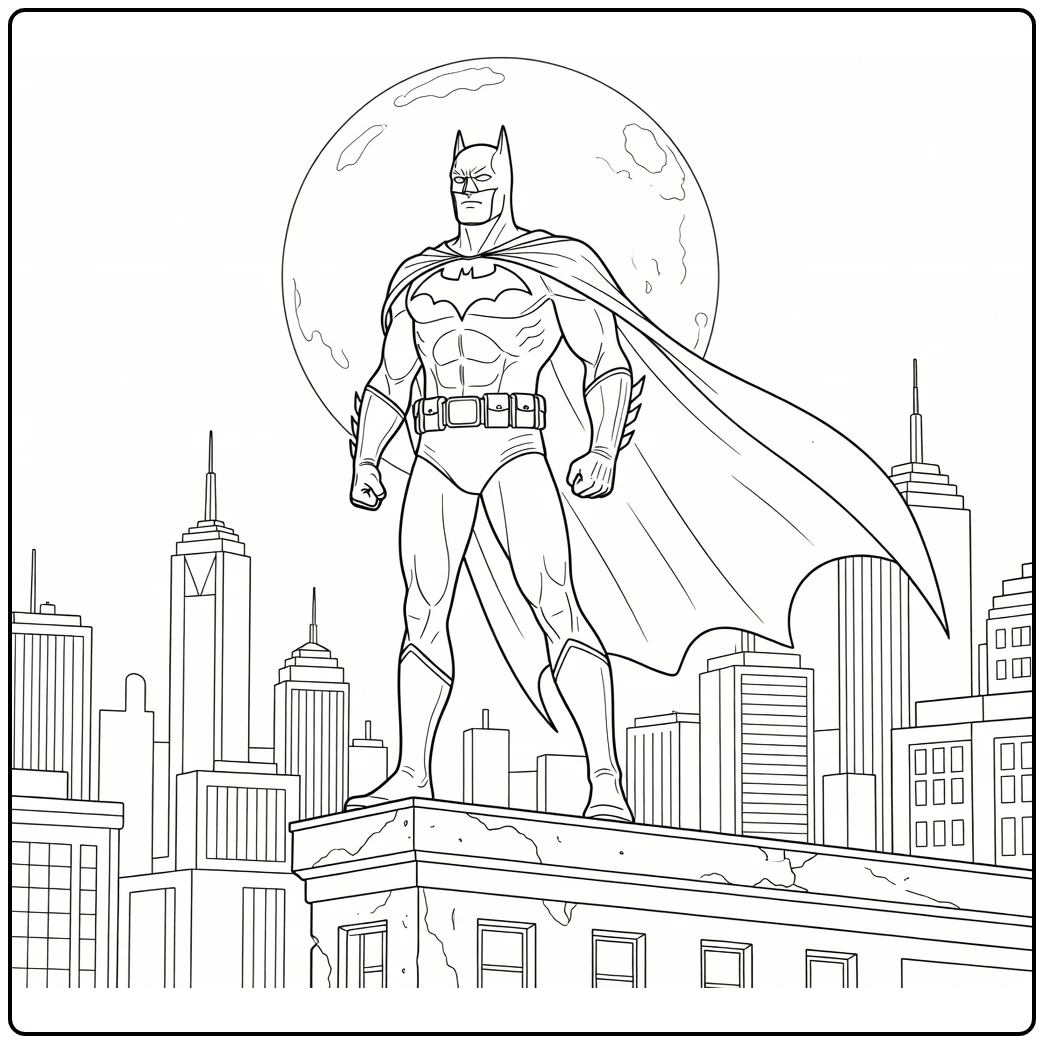 Batman Heroic with Moon and Skyline coloring page