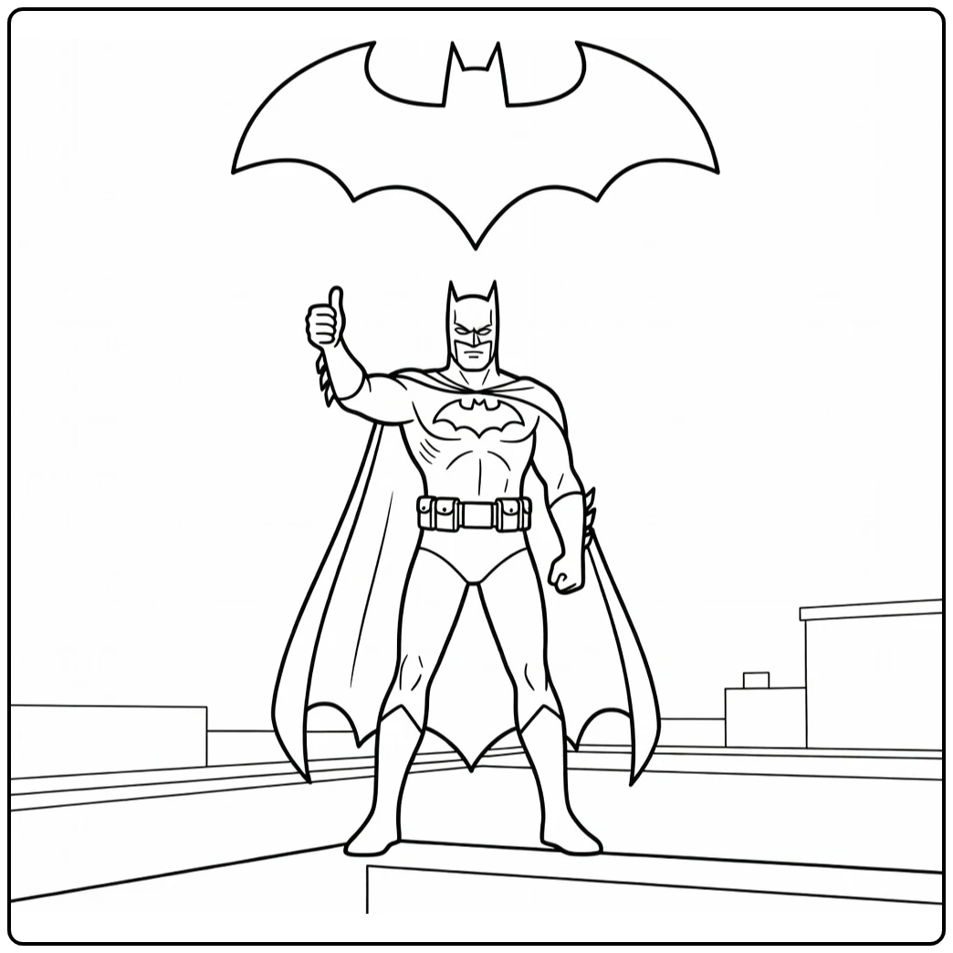 Batman Easy with Thumbs Up on Rooftop and Bat in Sky coloring page