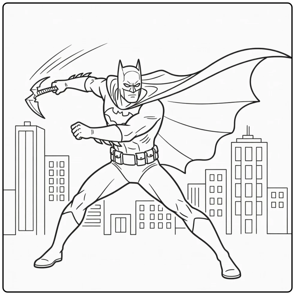Batman Batarang Throw and Buildings coloring page