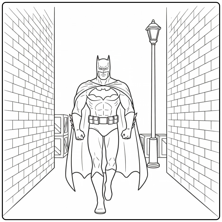 Batman in Gotham Alley Lantern and Crates coloring page