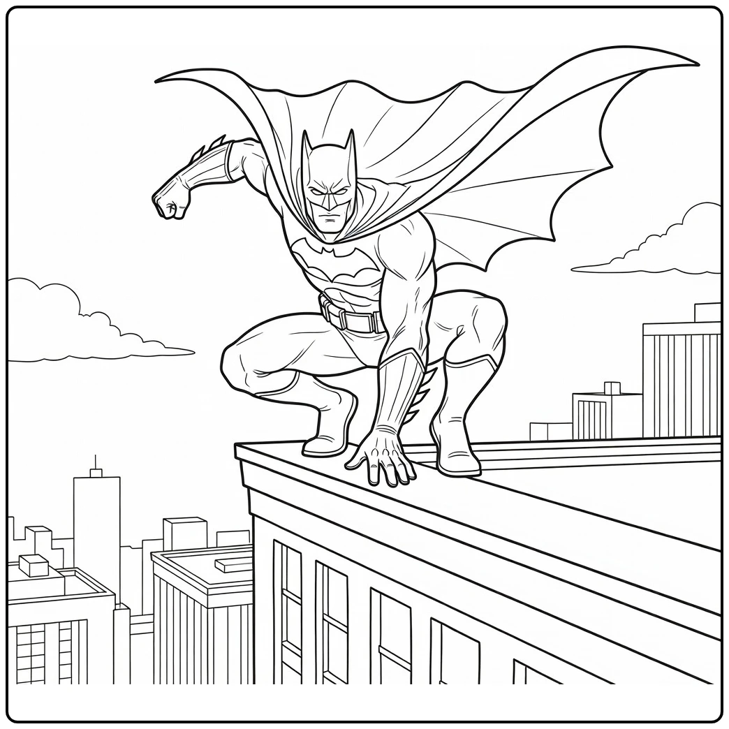Batman coloring page with a bold heroic pose
