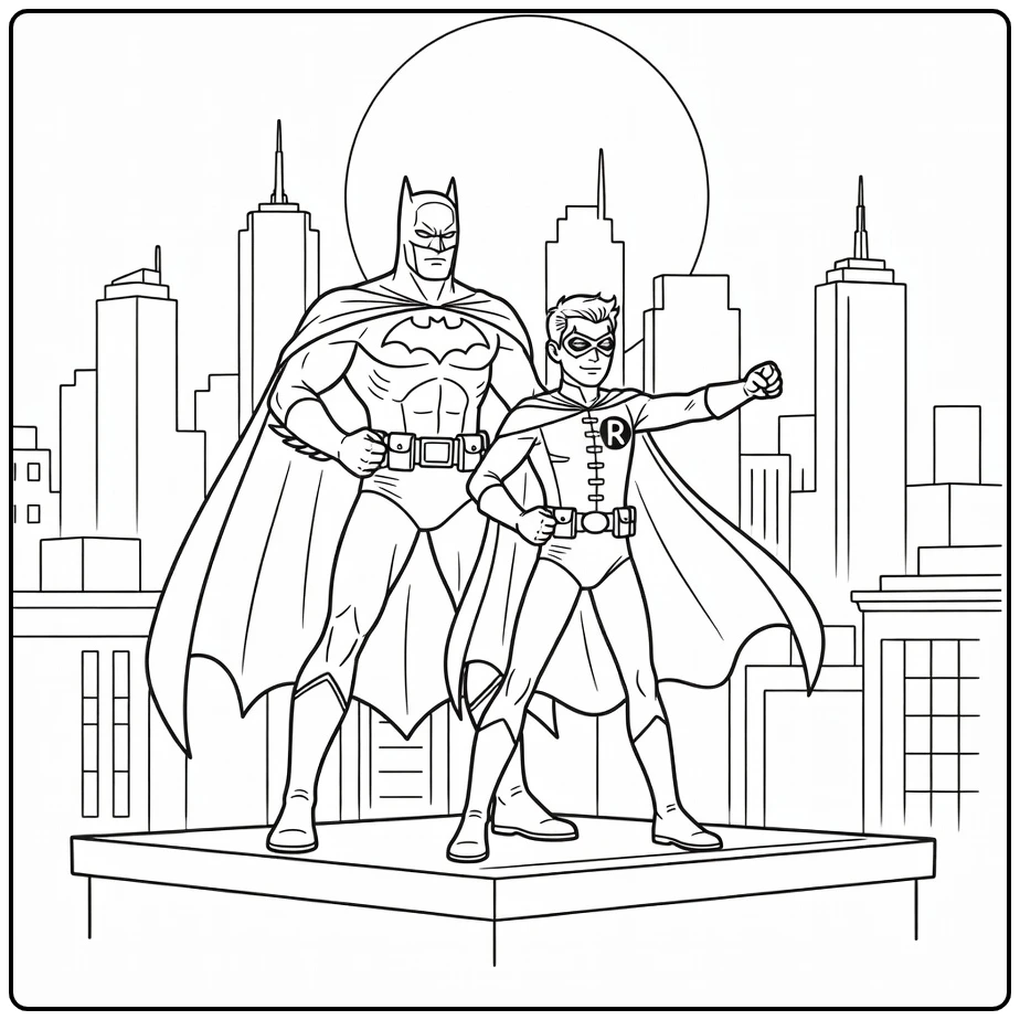 Batman and Robin on Rooftop with Moonlight coloring page