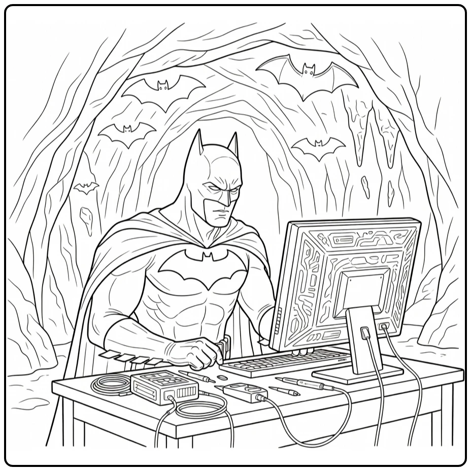 Batman Gadgets on Worktable in Cave coloring page
