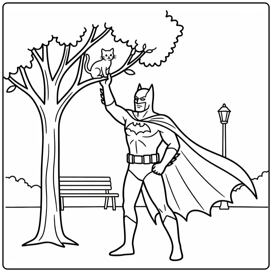 Batman Rescuing a Kitten in City Park coloring page