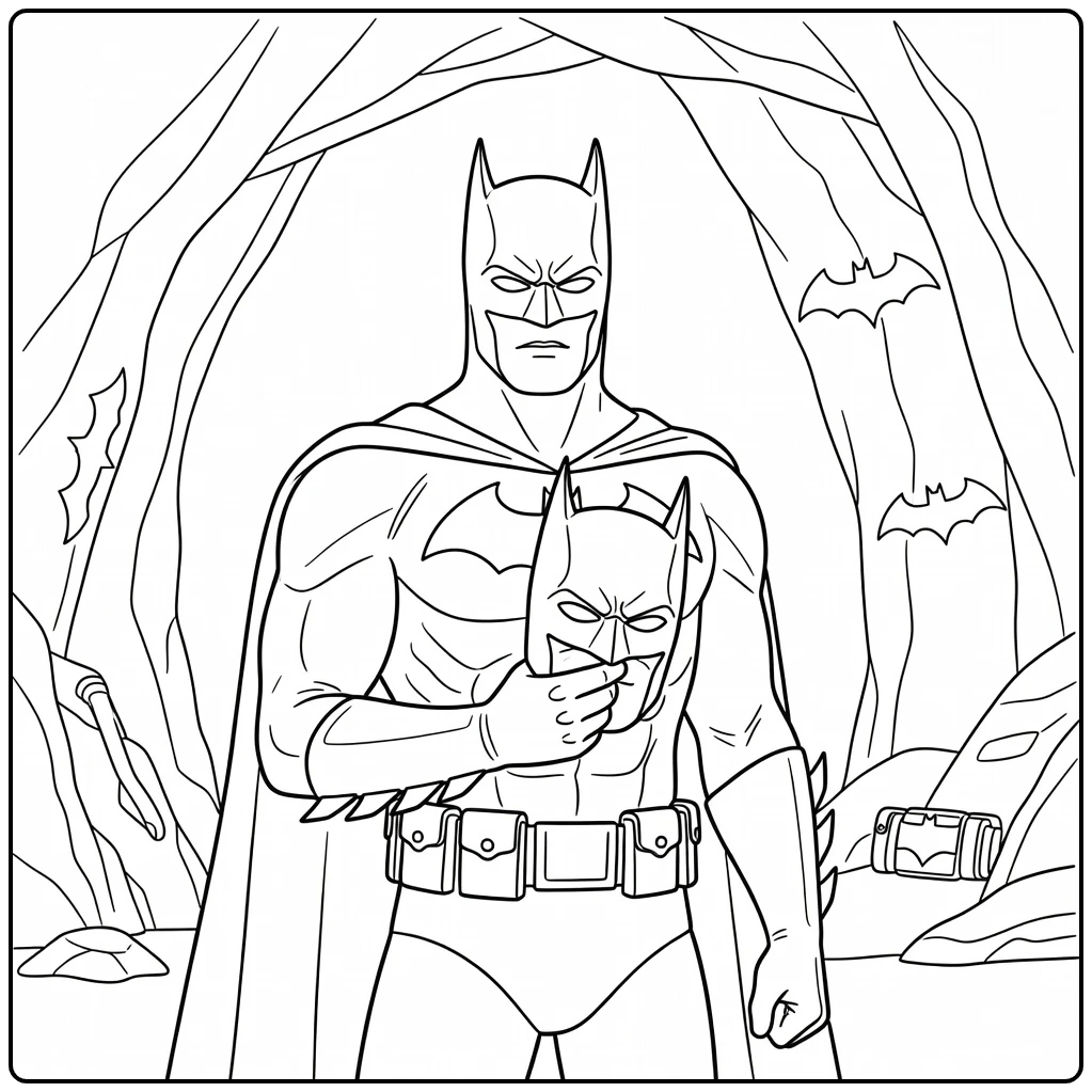 Batman Mask Hero Pose with Gadgets coloring page