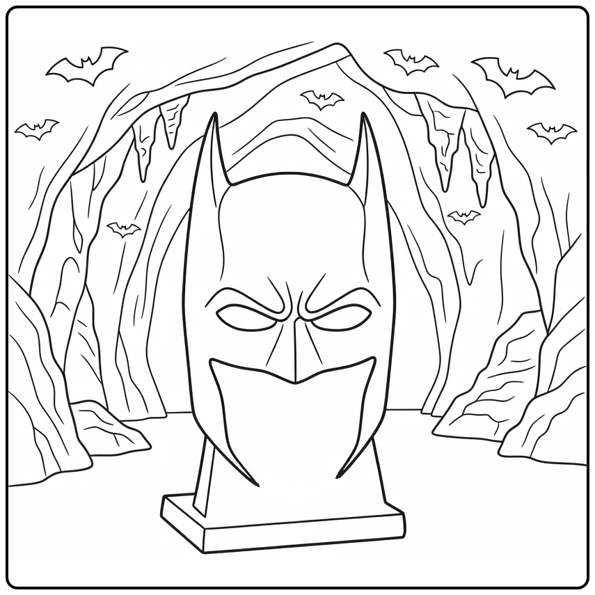Batman Mask on Stand in Dark Batcave coloring page