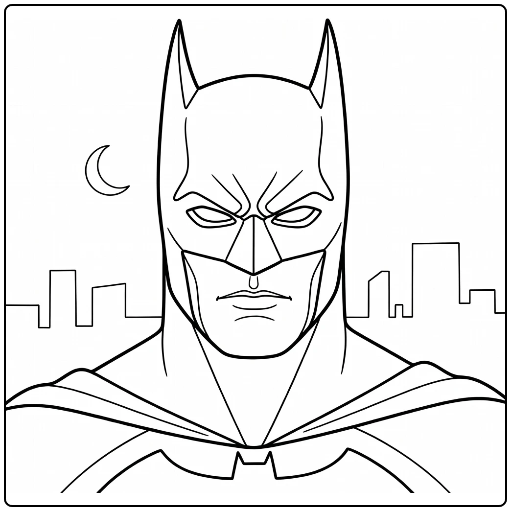 Batman Mask Portrait with Gotham Skyline and Moon coloring page