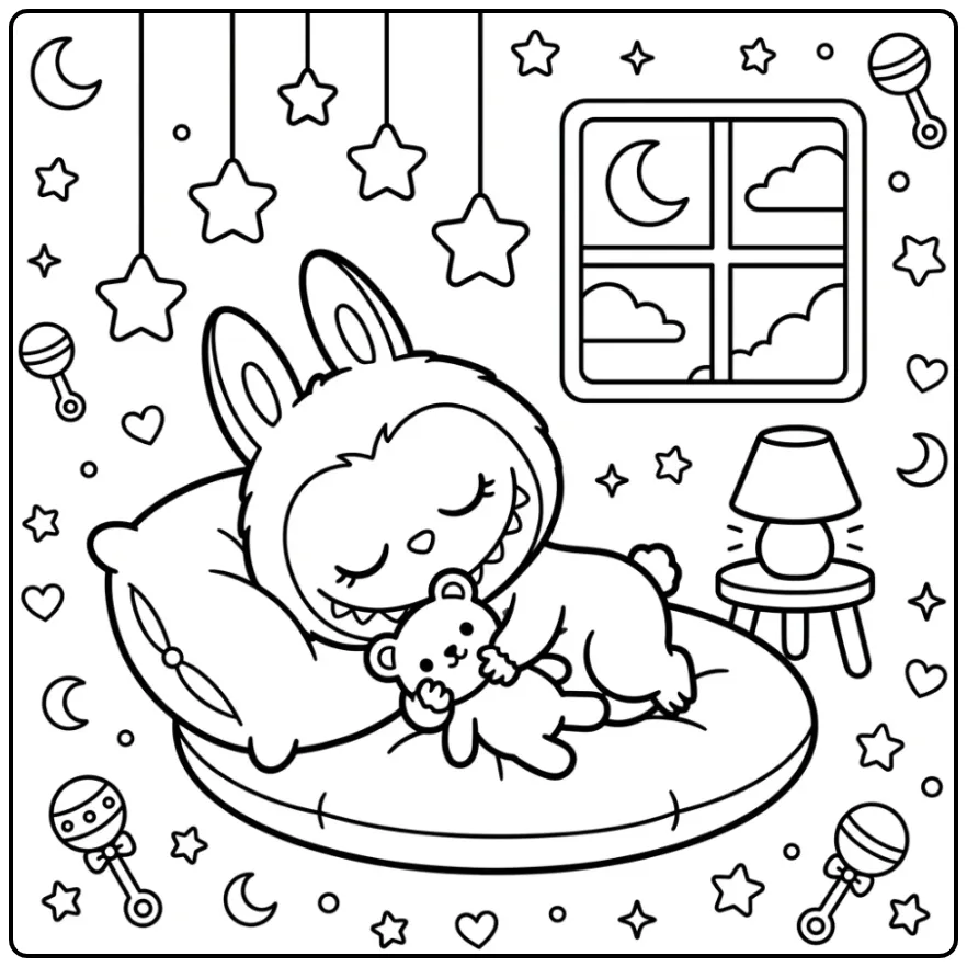 Bedtime Baby Labubu with Stars and a Pillow coloring page