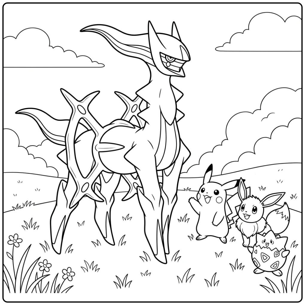 Protective Pokemon Arceus and His Friends coloring page