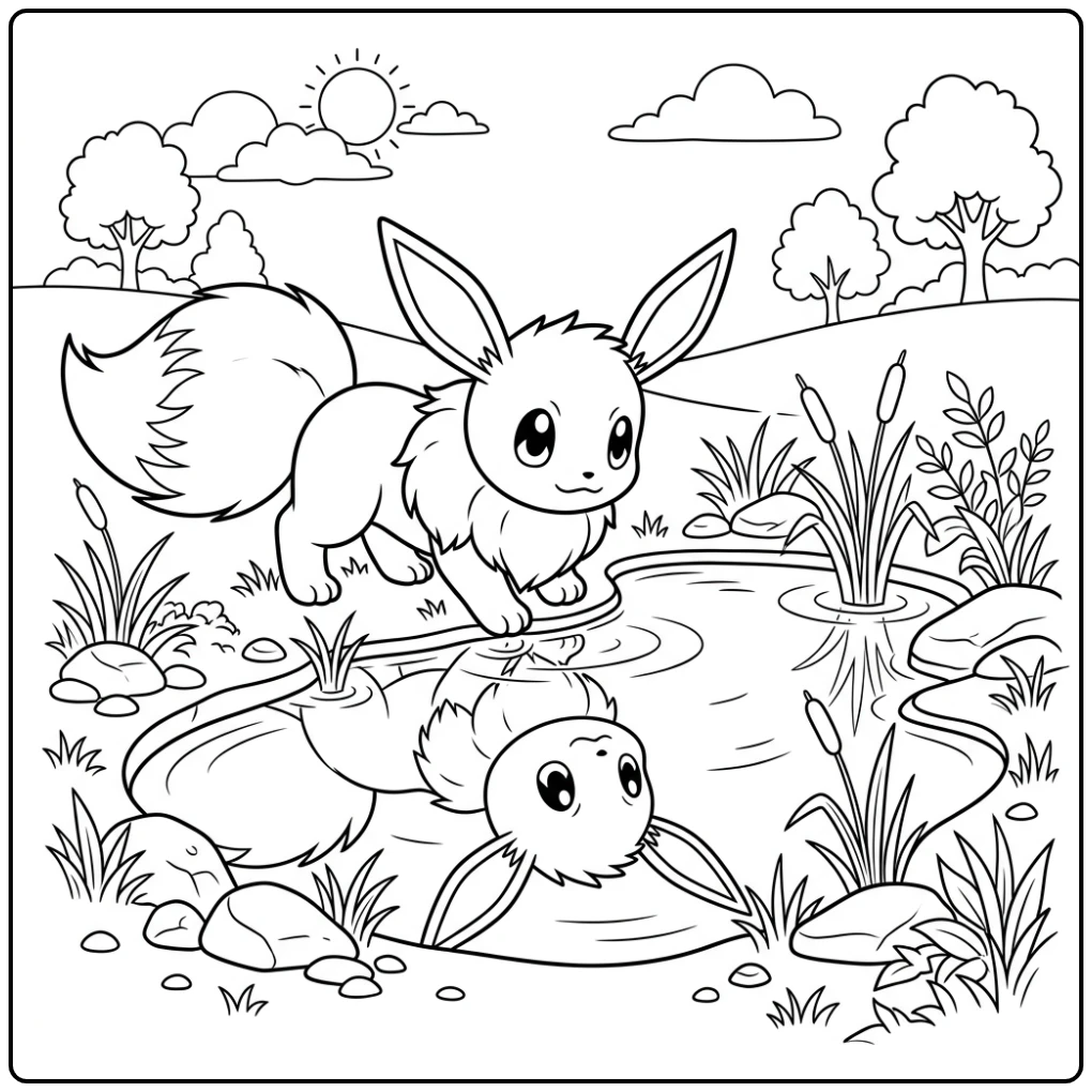 Enchanting Eevee Water with Reflection coloring page
