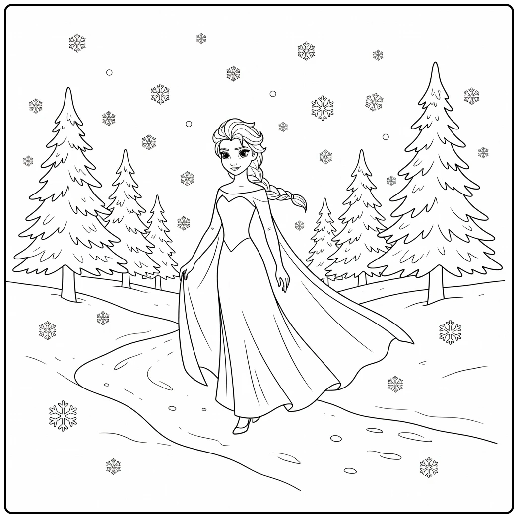 Enchanting Elsa Trees and Snowflakes coloring page