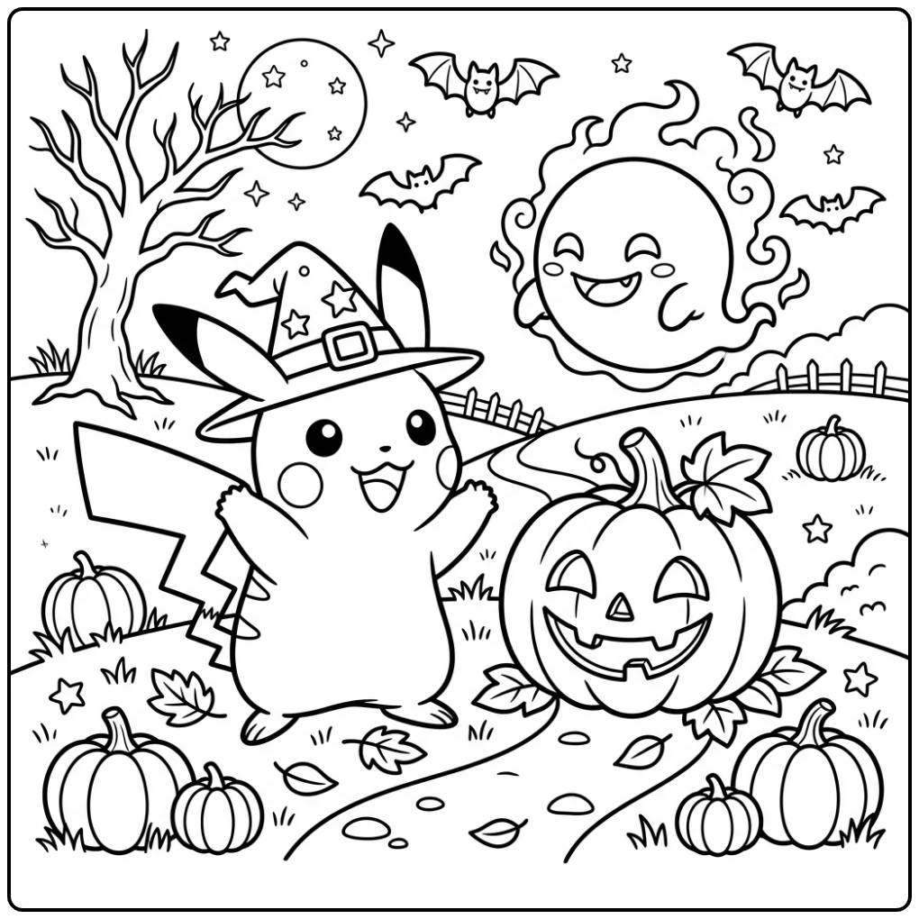 Enchanting Halloween Pokemon Scene with Pikachu coloring page