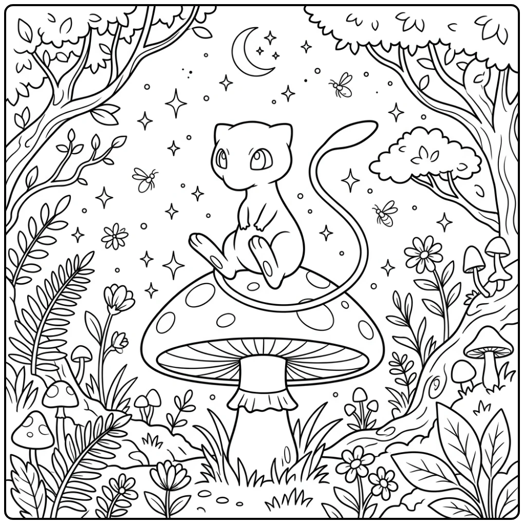 Enchanting Mew in a Magical Forest coloring page